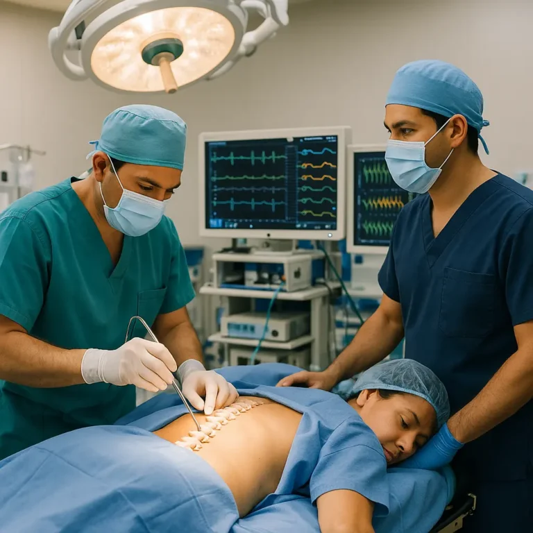 Cirugía de Columna con Monitoreo Neurofisiológico en Guadalupe Inn, Álvaro Obregón, Ciudad de México, paciente en quirófano con equipo de neurofisiología | Clínica Spine